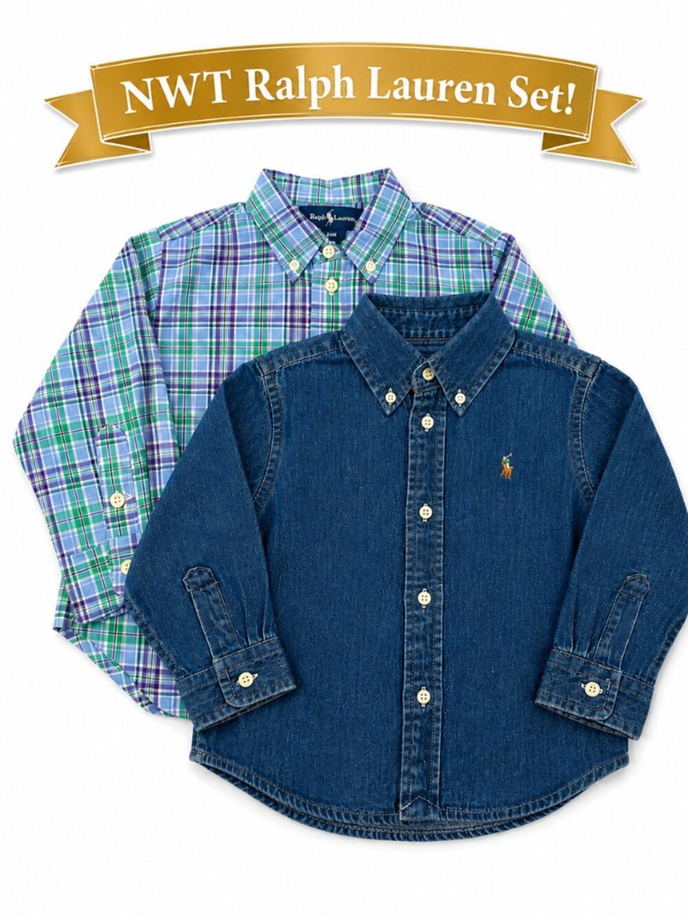 NWT Ralph Lauren Polo Toddler Boy 2Pc Button Down Shirt Set Size 24M Denim Plaid